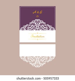 Wedding invitation or greeting card with abstract ornament. Vector envelope template for laser cutting. Paper cut card with silhouette. Cutout silhouette panel. Cutting file.