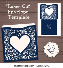 Wedding invitation or greeting card with abstract ornament. Vector envelope template for laser cutting. Paper cut card with silhouette.