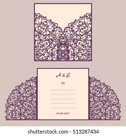 Wedding invitation or greeting card with abstract ornament. Vector envelope template for laser cutting. Paper cut card with silhouette. Cutout silhouette panel. Cutting file.