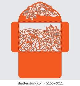 Wedding invitation or greeting card with abstract ornament. Vector envelope template for laser cutting. Paper cut card with silhouette.