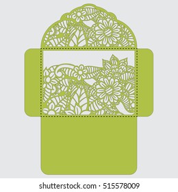 Wedding invitation or greeting card with abstract ornament. Vector envelope template for laser cutting. Paper cut card with silhouette.