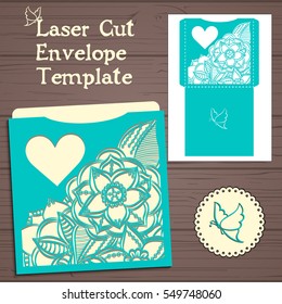Wedding invitation or greeting card with abstract ornament. Vector envelope template for laser cutting. Paper cut card with silhouette.