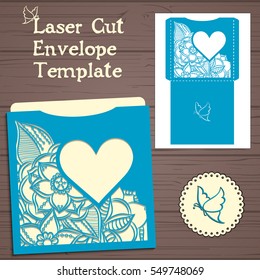 Wedding invitation or greeting card with abstract ornament. Vector envelope template for laser cutting. Paper cut card with silhouette.