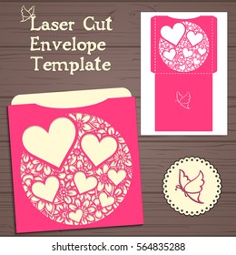 Wedding invitation or greeting card with abstract ornament. Vector envelope template for laser cutting. Paper cut card with silhouette.