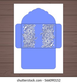 Wedding invitation or greeting card with abstract ornament. Vector envelope template for laser cutting. Paper cut card with silhouette.	
