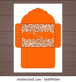 Wedding invitation or greeting card with abstract ornament. Vector envelope template for laser cutting. Paper cut card with silhouette.	
