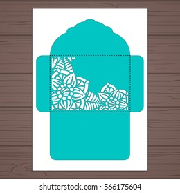 Wedding invitation or greeting card with abstract ornament. Vector envelope template for laser cutting. Paper cut card with silhouette.