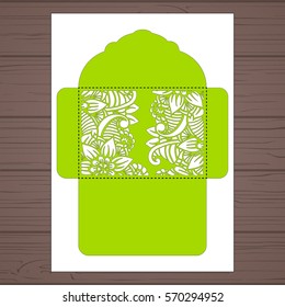 Wedding invitation or greeting card with abstract ornament. Vector envelope template for laser cutting. Paper cut card with silhouette.