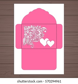 Wedding invitation or greeting card with abstract ornament. Vector envelope template for laser cutting. Paper cut card with silhouette.