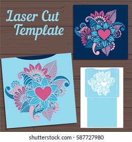 Wedding invitation or greeting card with abstract ornament. Vector envelope template for laser cutting. Paper cut card with silhouette.
