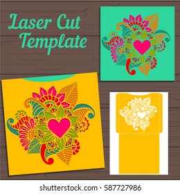 Wedding invitation or greeting card with abstract ornament. Vector envelope template for laser cutting. Paper cut card with silhouette.