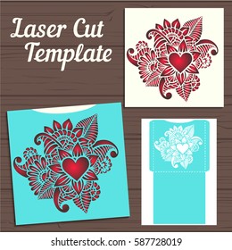 Wedding invitation or greeting card with abstract ornament. Vector envelope template for laser cutting. Paper cut card with silhouette.
