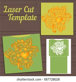 Wedding invitation or greeting card with abstract ornament. Vector envelope template for laser cutting. Paper cut card with silhouette.