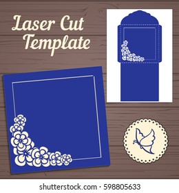 Wedding invitation or greeting card with abstract ornament. Vector envelope template for laser cutting. Paper cut card with silhouette.	