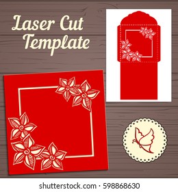 Wedding invitation or greeting card with abstract ornament. Vector envelope template for laser cutting. Paper cut card with silhouette.	
