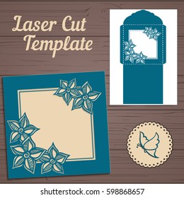Wedding invitation or greeting card with abstract ornament. Vector envelope template for laser cutting. Paper cut card with silhouette.	
