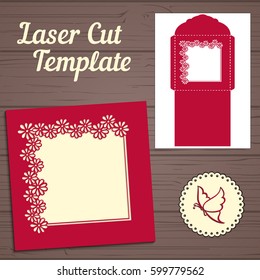 Wedding invitation or greeting card with abstract ornament. Vector envelope template for laser cutting. Paper cut card with silhouette.