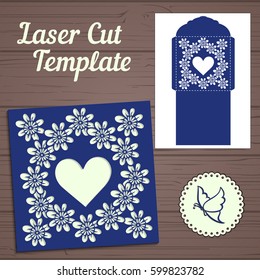 Wedding invitation or greeting card with abstract ornament. Vector envelope template for laser cutting. Paper cut card with silhouette.	
