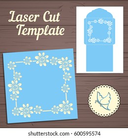 Wedding invitation or greeting card with abstract ornament. Vector envelope template for laser cutting. Paper cut card with silhouette.