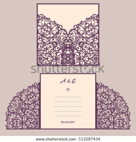 Wedding invitation or greeting card with abstract ornament. Vector envelope template for laser cutting. Paper cut card with silhouette. Cutout silhouette panel. Cutting file.