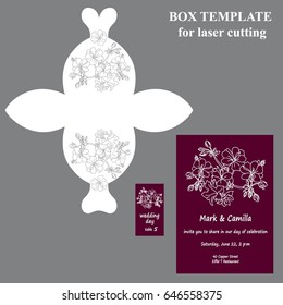 Wedding invitation or greeting card, bonbonniere, box. Card for guest seating. Wedding invitation mock up for laser or plotter cutting. Wedding collection. Vector illustration