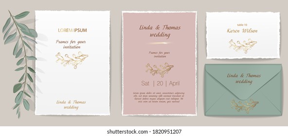 Wedding invitation or greeting card and business card with gold geometrical frames, transparent light effects and wedding flowers. Golden brilliants elements and flowers isolated on background