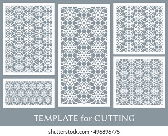 Wedding invitation, Greeting card and Business card template set. Cut out paper cards with lace pattern. Ornate geometric card for laser cutting. Vector line backgrounds collection