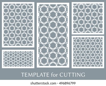 Wedding invitation, Greeting card and Business card template set. Cut out paper cards with lace pattern. Ornate geometric card for laser cutting. Vector line backgrounds collection