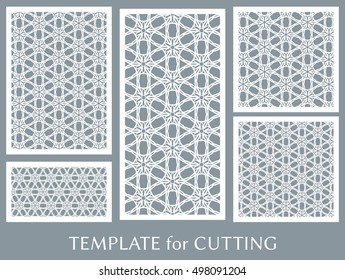 Wedding invitation, Greeting card and Business card template set. Cut out paper cards with lace pattern. Ornate geometric card for laser cutting. Vector line backgrounds collection