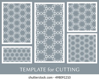 Wedding invitation, Greeting card and Business card template set. Cut out paper cards with lace pattern. Ornate geometric card for laser cutting. Vector line backgrounds collection