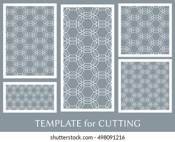 Wedding invitation, Greeting card and Business card template set. Cut out paper cards with lace pattern. Ornate geometric card for laser cutting. Vector line backgrounds collection