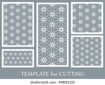 Wedding invitation, Greeting card and Business card template set. Cut out paper cards with lace pattern. Ornate geometric card for laser cutting. Vector line backgrounds collection