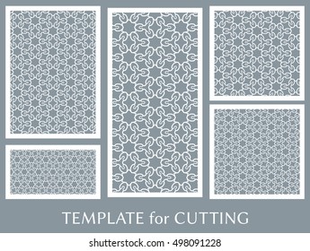 Wedding invitation, Greeting card and Business card template set. Cut out paper cards with lace pattern. Ornate geometric card for laser cutting. Vector line backgrounds collection