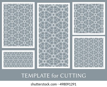 Wedding invitation, Greeting card and Business card template set. Cut out paper cards with lace pattern. Ornate geometric card for laser cutting. Vector line backgrounds collection