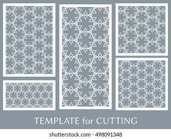 Wedding invitation, Greeting card and Business card template set. Cut out paper cards with lace pattern. Ornate geometric card for laser cutting. Vector line backgrounds collection