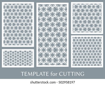 Wedding invitation, Greeting card and Business card template set. Cut out paper cards with lace pattern. Ornate geometric card for laser cutting. Vector line backgrounds collection