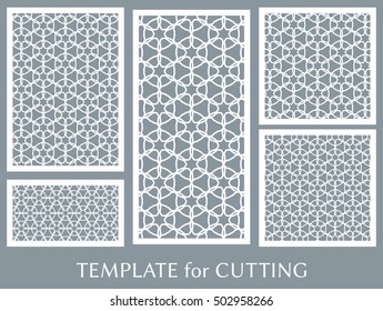 Wedding invitation, Greeting card and Business card template set. Cut out paper cards with lace pattern. Ornate geometric card for laser cutting. Vector line backgrounds collection