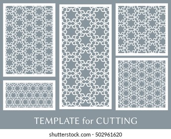 Wedding invitation, Greeting card and Business card template set. Cut out paper cards with lace pattern. Ornate geometric card for laser cutting. Vector line backgrounds collection