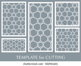 Wedding invitation, Greeting card and Business card template set. Cut out paper cards with lace pattern. Ornate geometric card for laser cutting. Vector line backgrounds collection