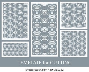 Wedding invitation, Greeting card and Business card template set. Cut out paper cards with lace pattern. Ornate geometric card for laser cutting. Vector line backgrounds collection