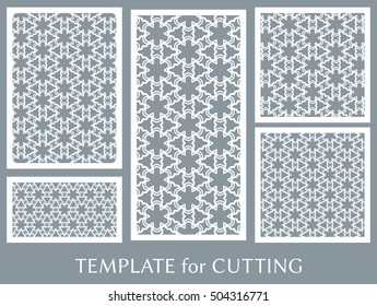 Wedding invitation, Greeting card and Business card template set. Cut out paper cards with lace pattern. Ornate geometric card for laser cutting. Vector line backgrounds collection