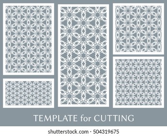 Wedding invitation, Greeting card and Business card template set. Cut out paper cards with lace pattern. Ornate geometric card for laser cutting. Vector line backgrounds collection