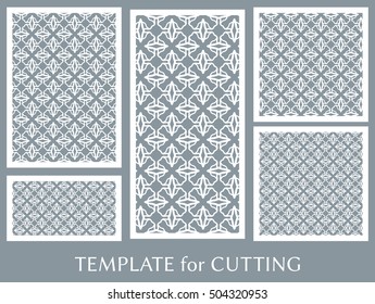 Wedding invitation, Greeting card and Business card template set. Cut out paper cards with lace pattern. Ornate geometric card for laser cutting. Vector line backgrounds collection