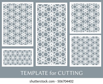 Wedding invitation, Greeting card and Business card template set. Cut out paper cards with lace pattern. Ornate geometric card for laser cutting. Vector line backgrounds collection