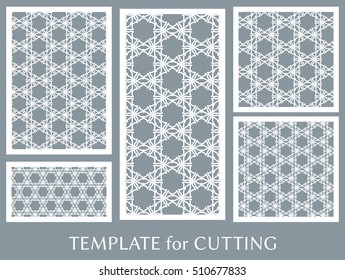 Wedding invitation, Greeting card and Business card template set. Cut out paper cards with lace pattern. Decorative ornate geometric card for laser cutting. Vector line backgrounds collection