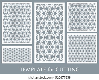 Wedding invitation, Greeting card and Business card template set. Cut out paper cards with lace pattern. Decorative ornate geometric card for laser cutting. Vector line backgrounds collection