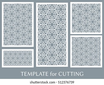 Wedding invitation, Greeting card and Business card template set. Cut out paper cards with lace pattern. Decorative ornate geometric card for laser cutting. Vector line backgrounds collection