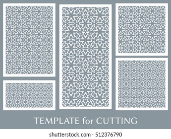 Wedding invitation, Greeting card and Business card template set. Cut out paper cards with lace pattern. Decorative ornate geometric card for laser cutting. Vector line backgrounds collection
