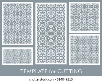 Wedding invitation, Greeting card and Business card template set. Cut out paper cards with lace pattern. Decorative ornate geometric card for laser cutting. Vector line backgrounds collection