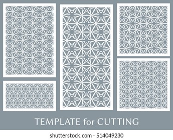 Wedding invitation, Greeting card and Business card template set. Cut out paper cards with lace pattern. Decorative ornate geometric card for laser cutting. Vector line backgrounds collection